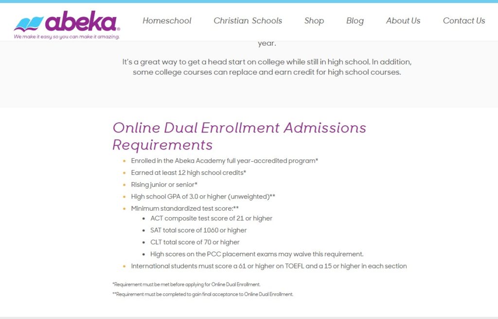 Abeka dual enrollment requirements